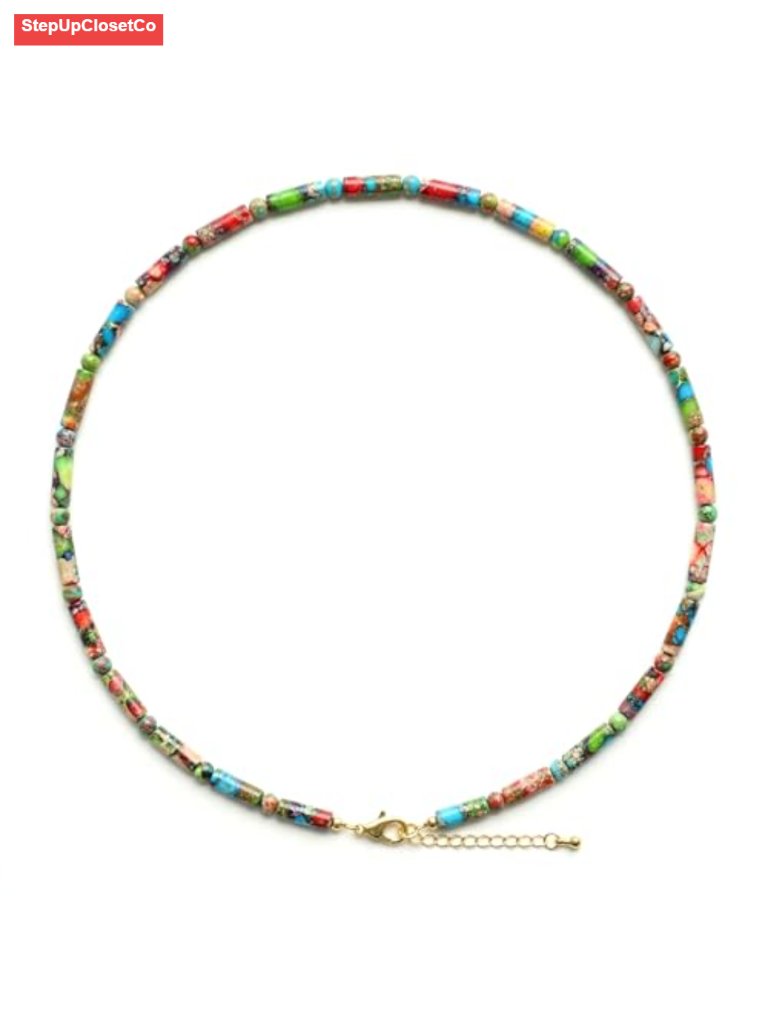 Gold Plated Tube Bead Choker Necklace Women Boho Handmade Jasper Gemstone